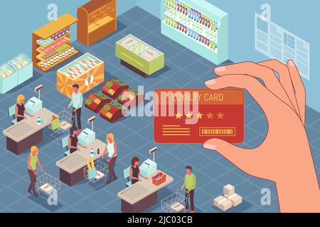 Treueprogramm isometrisches Designkonzept mit Treuekarte in menschlicher Hand in der Handelshalle im Supermarkt Hintergrundvektor Illustration Stock Vektor