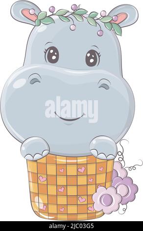 Vektordarstellung eines Nilpferdes, das in einem Korb sitzt. Niedliche kleine Illustration von Hippopotamus für Kinder, Babybuch, Babydusche, Textil-T-Shirt Stock Vektor