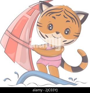 Cartoon Tiger Surfer. Vektor-Illustration eines niedlichen Athleten Tier. Niedliche kleine Illustration von Tiger für Kinder, Babybuch, Märchen, Abdeckungen, Baby Stock Vektor