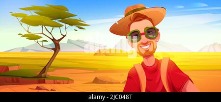Tourist Mann posiert über afrikanische Savanne Landschaft Hintergrund für Foto auf Reisen. Lächelnder Kerl mit Rucksack, der Sightseeing auf Reise in den Sommerferien besucht, Cartoon-Vektor-Illustration Stock Vektor