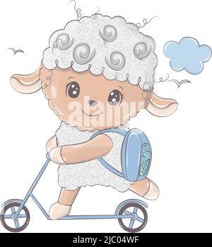 Niedliche Schafe Illustration. Schafe auf einem Roller. Niedliche kleine Illustration von Lamm für Kinder, Baby-Buch, Märchen, Baby-Dusche-Einladung, Textil t Stock Vektor