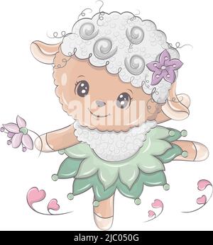 Niedliche Schafe Clipart Vektor-Beleuchtung. Das Schaf tanzt in einem schönen Kleid. Niedliche kleine Illustration von Lamm für Kinder, Baby-Buch, Märchen Stock Vektor