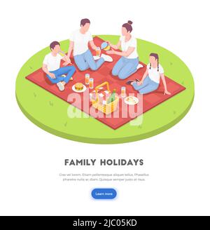 Familienurlaub isometrisches Hintergrundkonzept mit anklickbaren mehr erfahren Schaltflächentext und abgerundete Bildkomposition Vektordarstellung Stock Vektor