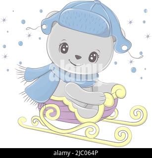 Clip Art Bär. Illustration eines Bären im Hut auf einem Schlitten, im Winter. Niedlicher Bär für Kinder Aktivität T-Shirt-Print, Symbol, Logo, Etikett, Patch oder Aufkleber Stock Vektor
