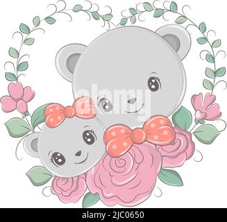 Cartoon niedliche Bären für Einladungen und Babykarten. Abbildung eines Bären und eines Teddybären mit Blumen um. Tragen Sie eine isolierte Abbildung. Kawaii Stock Vektor