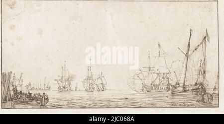 Stilles Meer mit Schiffen und Ruderboot links, Zeichner: Simon de Vlieger, 1610 - 1653, Papier, Stift, H 97 mm × B 192 mm Stockfoto