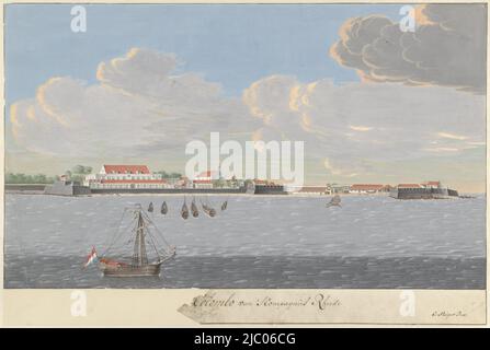 Fort Colombo und die Lagerhäuser der United East India Company in Colombo auf Ceylon, Ansicht von Colombo vom Straßenrand, Zeichner: Cornelis Steiger, (erwähnt auf Objekt), Sri Lanka, c. 1710, Papier, Pinsel, H 337 mm × B 504 mm Stockfoto