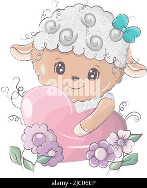 Schaf Cartoon Bildbeleuchtung. Schafe umarmt ein niedliches Herz. Niedliche kleine Illustration von Lamm für Kinder, Baby-Buch, Märchen, Baby-Dusche-Einladung Stock Vektor