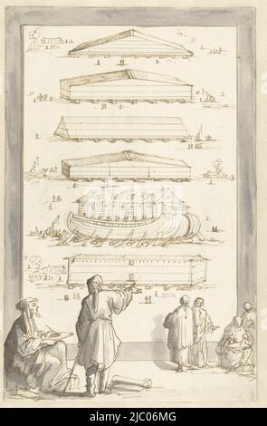 Entwurf für einen Druck, Bau der Arche Noah, Zeichner: Jan Luyken, 1688 - 1690, Papier, Stift, Bürste, H 281 mm × B 181 mm Stockfoto