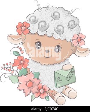 Beleuchtung von niedlichen Lamm. Schafe umgeben von Blumen. Niedliche kleine Illustration von Lamm für Kinder, Baby-Buch, Märchen, Baby-Dusche-Einladung Stock Vektor