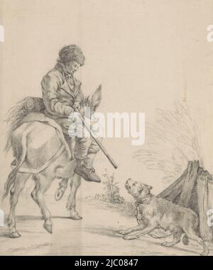 Mann auf einem Esel reitet an einem bellenden Hund vorbei, Zeichner: Jean Bernard, 1775 - 1833, Papier, H 322 mm × B 267 mm Stockfoto