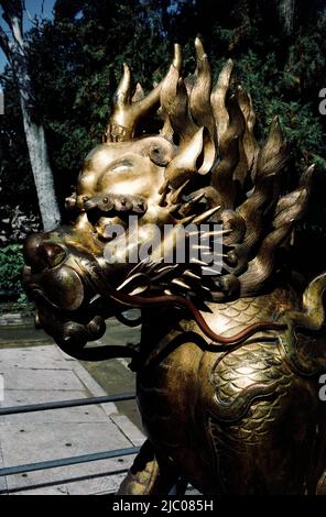 Goldenen Löwen vor dem Palast der ruhigen Langlebigkeit, Verbotene Stadt, Peking, China Stockfoto