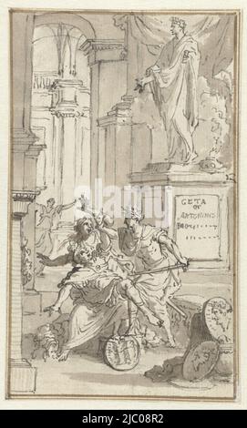 Szene aus der römischen Geschichte: Ein Mann tötet einen Soldaten mit seinem Schwert in einem Tempel. Entwurf für eine Buchillustration., Geta oder Antoninus, Zeichner: Jan Goeree, 1680 - 1731, Papier, Stift, Bürste, H 142 mm × B 84 mm Stockfoto