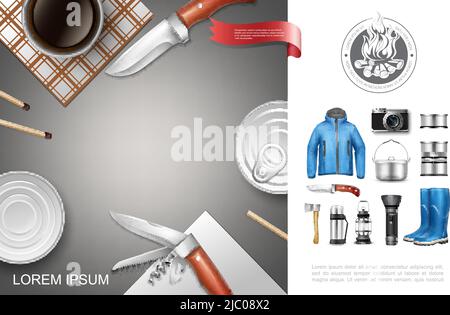 Realistische Camping und Tourismus-Konzept mit Konserven Lebensmittel Jacke Gummi Stiefel Messer Axt Taschenlampe Laterne Thermos Kochen Pfanne Kamera passt Vektor Stock Vektor