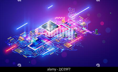 Kartenbanner für Technologie der USA oder Amerika. Schaltung der Vereinigten Staaten von Amerika als elektronische Leiterplatte mit Chip oder CPU-Prozessor Stock Vektor