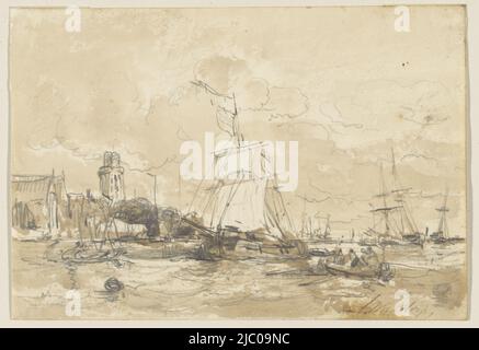 Flussblick mit Segelschiffen, Zeichner: Antonie Waldorp, 1813 - 1866, Papier, Pinsel, H 164 mm × B 237 mm Stockfoto