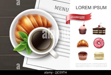 Realistische Desserts und Backprodukte Konzept mit Cupcake Pie Stück Croissant Donut Muffin Makronen Kaffeetasse Vektorgrafik Stock Vektor