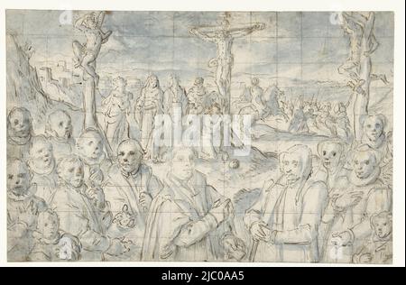 Kreuzigung mit einem Gründer und seiner Familie, Zeichner: Aert Pietersz., Zeichner: Pieter Pietersz. (I), 1585 - 1590, Papier, Stift, Pinsel, H 229 mm × B 350 mm Stockfoto