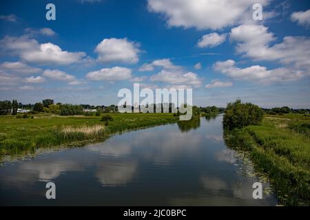 Fenland, der Fluss Ouse und Ely Cathedral in der Ferne an einem schönen Junitag Stockfoto