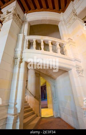 Die Wendeltreppe im Inneren des Château de Chambord in Chambord, Centre-Val de Loire, Frankreich. Es wurde gebaut, um als Jagdschloss für Francis zu dienen Stockfoto