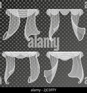 Realistische Vorhänge. Vector Vorhänge in verschiedenen Formen auf transparentem Hintergrund. Innenvorhang Eleganz, Satin textilen Vorhang für Fenster illustrati Stock Vektor