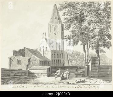 Kirche und ein Teil der Ruinen der Abtei von Rijnsburg, Zeichner: Hendrik Tavenier, 1784, Papier, Stift, Bürste, H 230 mm × B 286 mm Stockfoto