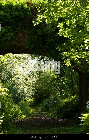 Bogenbrücke über die Gleise an der Garden Station, restaurierter viktorianischer Bahnhof, Langley-on-Tyne, Northumberland Stockfoto