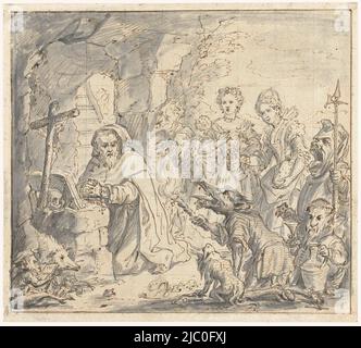 Die Versuchung des heiligen Antonius, David Teniers (II), Zeichner: Anonym, 1620 - 1740, Papier, Stift, Bürste, H 176 mm × B 196 mm Stockfoto