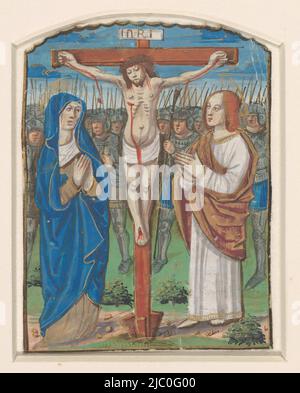 Miniatur aus einem Stundenbuch: Christus am Kreuz, Zeichner: Anonym, 1475 - 1500, Pergament (tierisches Material), Pinsel, H 88 mm × B 66 mm Stockfoto