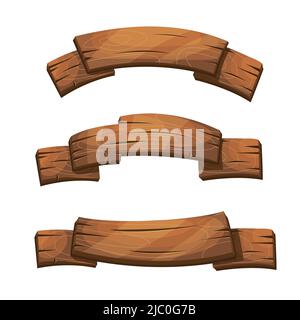 Comic-Banner und Schilder aus Holz. Holzbrett, Cartoon Holz braun Brett Illustration Stock Vektor