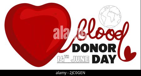 Poster zum Weltblutspendetag, Human spendet Blut, Blutbeutel, Herz und Globus Stock Vektor