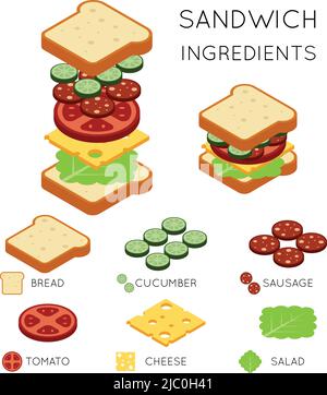 Vector Sandwich-Zutaten im isometrischen Stil von 3D. Sandwich-Illustration, Food Sandwich, Design american Sandwich Burger Stock Vektor