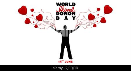 Poster zum Weltblutspendertag, Human spendet Blut, Blutbeutel, Herz und menschlichen Silhouettenvektor Stock Vektor