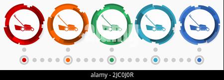 Symbolsatz für das Konzept des Rasenmähers, flache Designzeiger, Infografik-Vorlage Stock Vektor