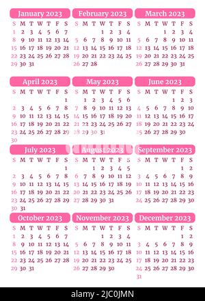 Vorlage für Monatskalender für 2023 Jahre. Die Woche beginnt am Sonntag. Seitenlayout-Kalender in einem minimalistischen Stil. Vertikales Tischraster. Organisator der Agenda. Vec Stock Vektor