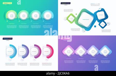Abstrakte Vektorgradienten minimalistische Infografik-Vorlagen, die aus 4 Formen bestehen Stock Vektor