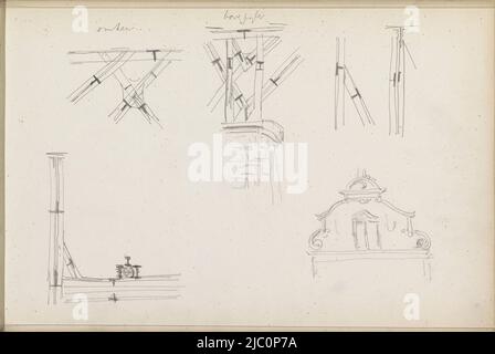 Blatt 28 recto aus einem Skizzenbuch mit 58 Blättern, Holzkonstruktionen und Glockenfassade, Zeichner: Isaac Goschalk, Zeichner: Joseph Henry Goschalk, (abgelehnte Zuordnung), 1862 - 1867, Papier Stockfoto