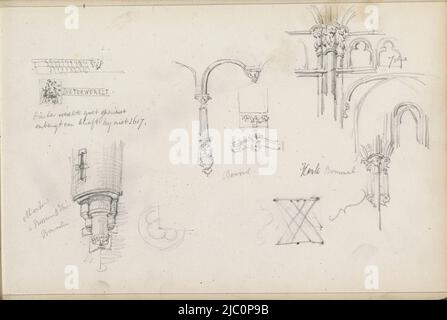 Seite 46 Rekto aus einem 58-seitigen Skizzenbuch, architektonische Details des Maarten van Rossum Hauses und der Kirche in Bommel., Zeichner: Isaac Goschalk, Zeichner: Joseph Henry Goschalk, (abgelehnte Zuschreibung), Bommel, 1862 - 1867, Papier Stockfoto