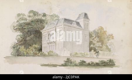 Blatt 4 Rekto aus einem Skizzenbuch mit 58 Blättern, freistehende Villa mit Turm in Waldgebiet, Zeichner: Isaac Gosschalk, Zeichner: Joseph Henry Gosschalk, (abgelehnte Zuordnung), 1862 - 1867, Papier, Pinsel Stockfoto