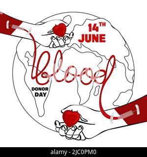 Poster zum Weltblutspendertag, Human spendet Blut, Blutbeutel, Herz- und Handvektor Stock Vektor