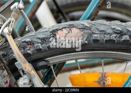 Gerissene Fahrradreifen. Fahrradreparatur in der Werkstatt. Ein altes Fahrrad. Selektiver Fokus Stockfoto