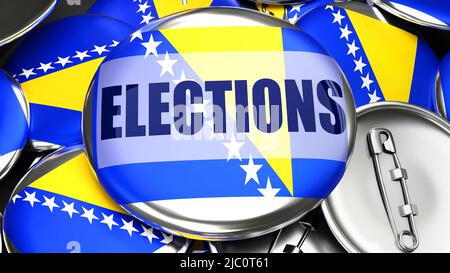 Bosnien und Herzegowina und Wahlen - Dutzende von Rücksteckknöpfen mit einer Flagge von Bosnien und Herzegowina und einer Wortwahl. 3D Rendern als Symbol für upc Stockfoto