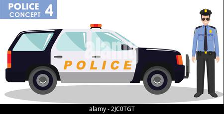 Detaillierte Abbildung von Polizeiwagen und Polizeibeamter in flachem Stil auf weißem Hintergrund. Stock Vektor