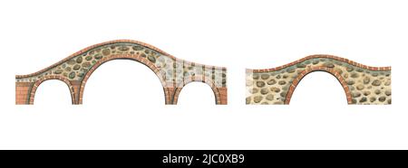 Aquarell-Illustration von Steinbrücken in der Altstadt. Zwei alte Brücken aus Stein und Ziegel im europäischen Stil. Für Dekoration, Design, p Stockfoto