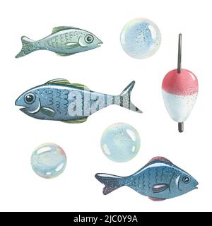 Aquarell-Illustration zum Thema Meeresfischen. Fisch, schwimmen, blasen. Kinder, Marine, Tourist. Für das Design druckt Muster Postkarten Stockfoto