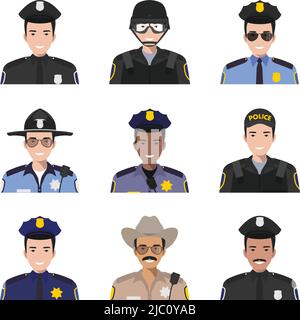 Set von bunten Polizei flache Stil Ikonen: sheriff, SWAT-Offizier und Polizist. Vektorgrafik. Stock Vektor