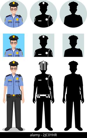 Polizeimenschen Konzept. Detaillierte Illustration und Silhouetten und Silhouetten von Offizier, Polizist und Sheriff in flachem Stil auf weißem Hintergrund. Diff Stock Vektor