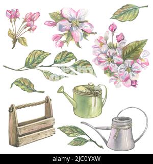 Aquarell-Illustration ist eine Reihe von Elementen aus blühenden Obstbäumen und Gartenwerkzeugen. Stockfoto