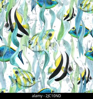Aquarell-Illustration tropischer Korallenfische in Algendickichten mit Spritzern und Blasen. Leuchtendes Nahtmuster. Für Textilien, Stoff, Druck Stockfoto