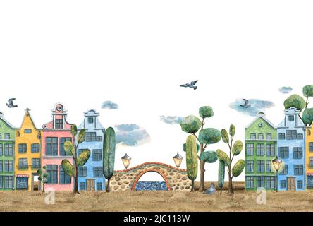 Panorama der alten europäischen Stadt, niedliche Häuser, Brücken, Laternen, Bäume. Aquarelldarstellung. Board für die Gestaltung, Dekoration und Gestaltung von Stockfoto